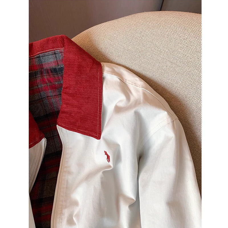 Veste femme tendance à col contrasté et doublure écossaise chic
