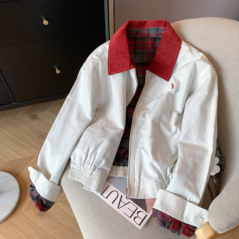 Veste femme tendance à col contrasté et doublure écossaise chic