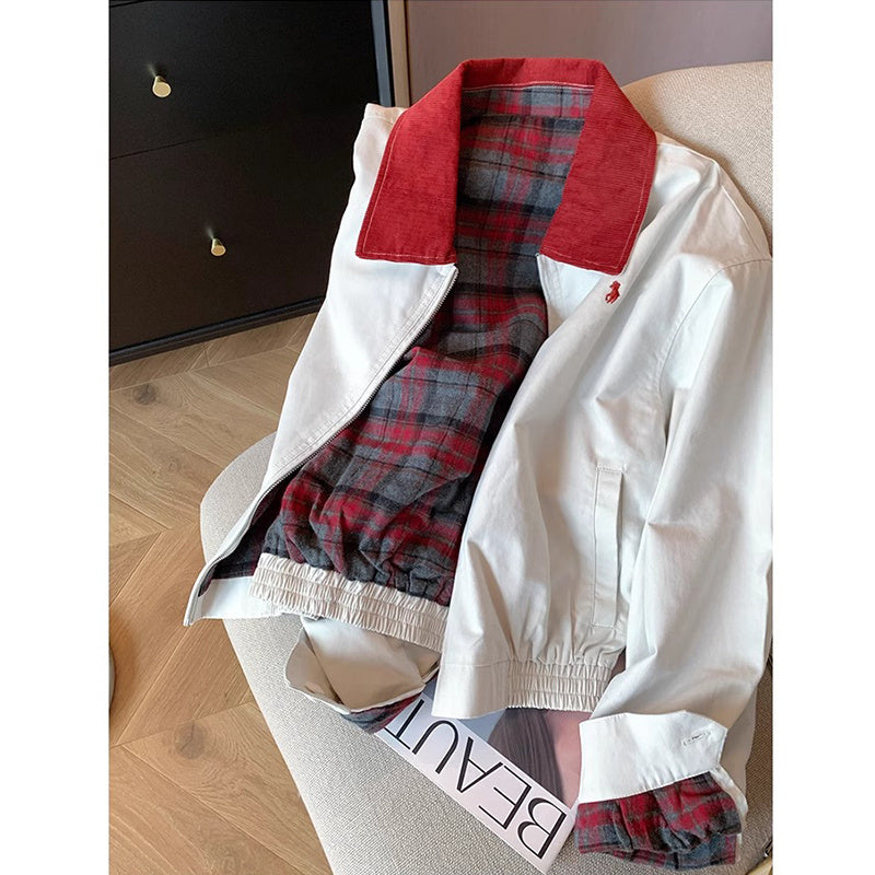 Veste femme tendance à col contrasté et doublure écossaise chic