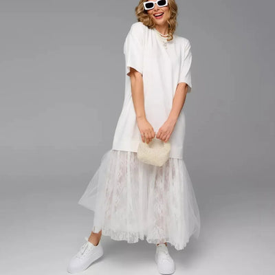 Robe t-shirt en coton pour femmes avec jupe patchwork.